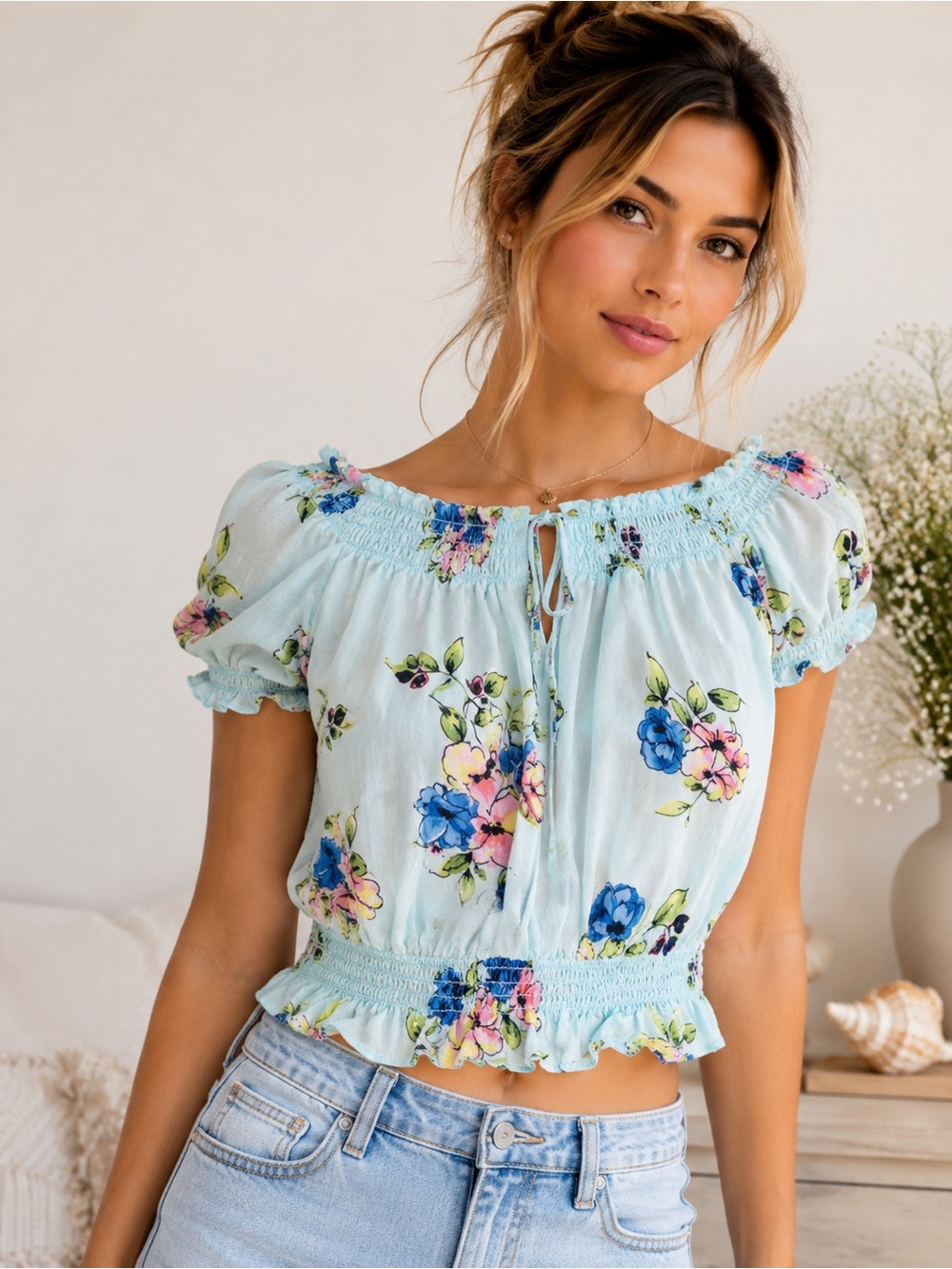 Hollister Floral Peasant Blouse | Y2K Coastal Cottagecore Sheer Puff Sleeve Top